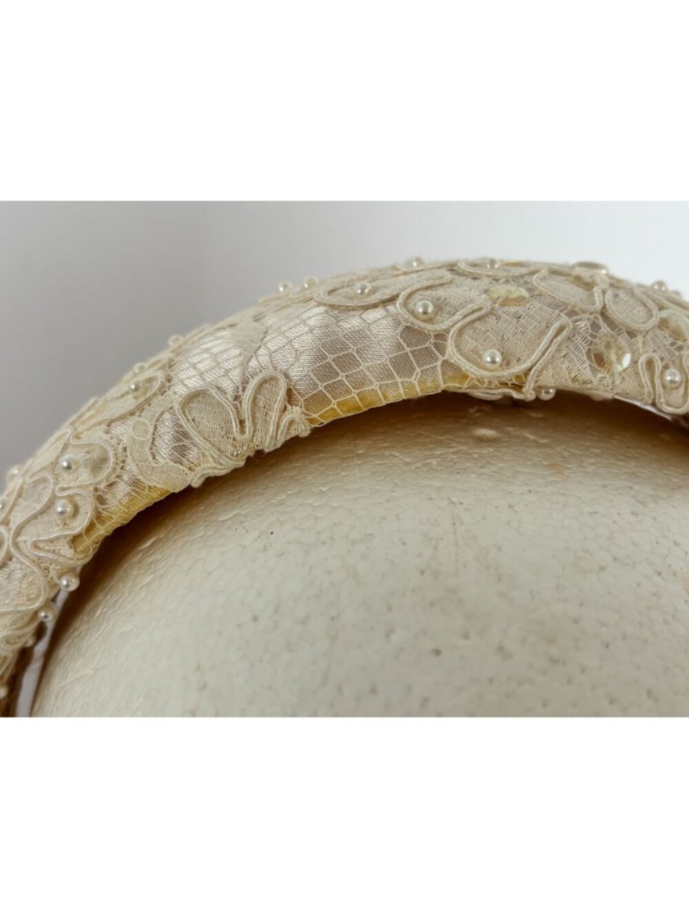Ivory Lace Pearl Beaded Headband Bridal Wide Padded Wedding Vintage Bride - Picture 9 of 12